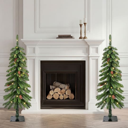 Puleo International 4ft. Pre-Lit Artificial Alpine Christmas Trees with Pinecones, Warm White LED Lights, 2ct.